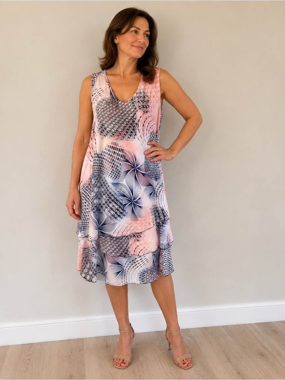 Bali Pink and Navy Printed Layered V-Neck Dress
